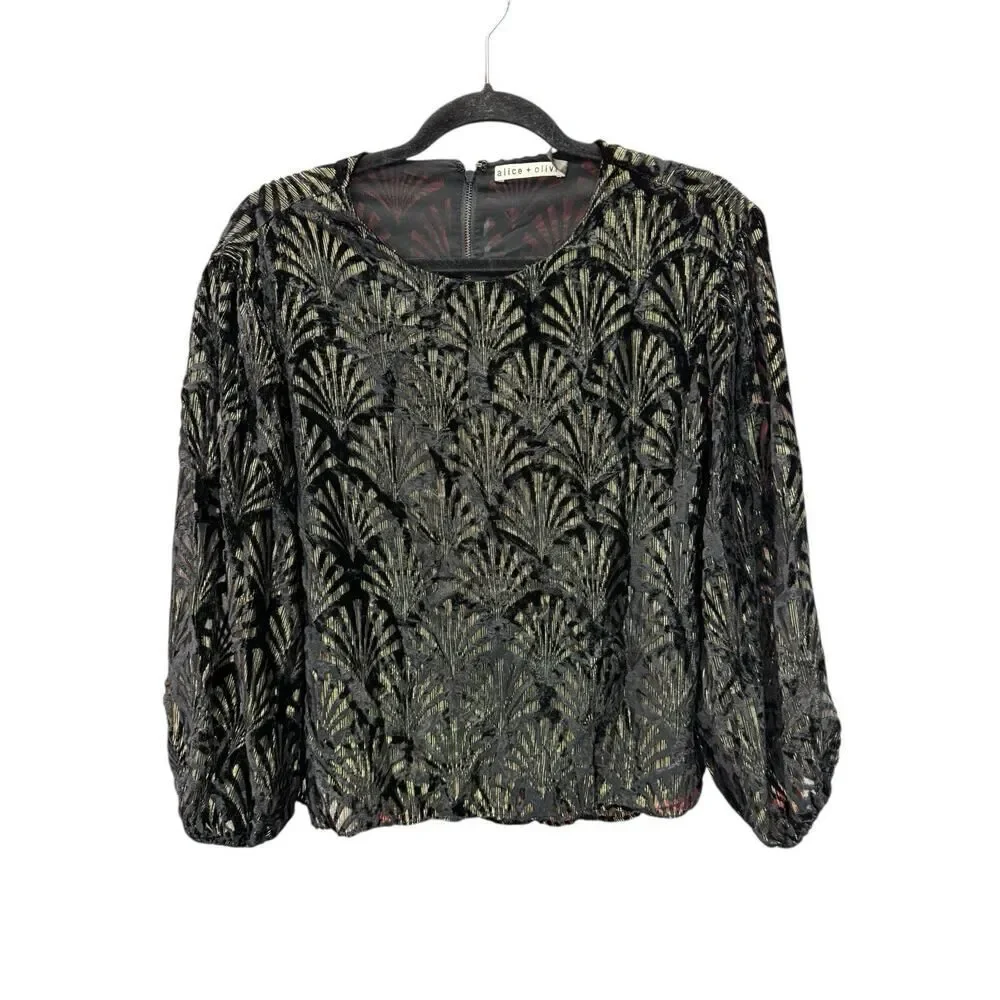 Alice + Olivia Black Metallic Art Deco Blouse Small 3/4 Sleeve Party Top